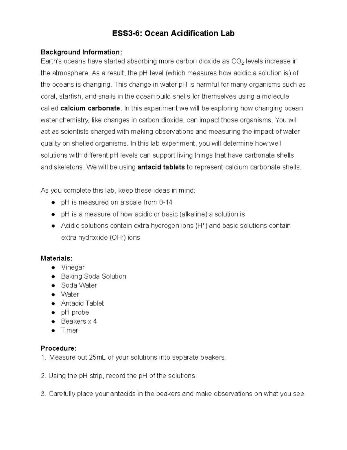 ESS3-6 Ocean Acidification Lab - ESS3-6: Ocean Acidification Lab ...