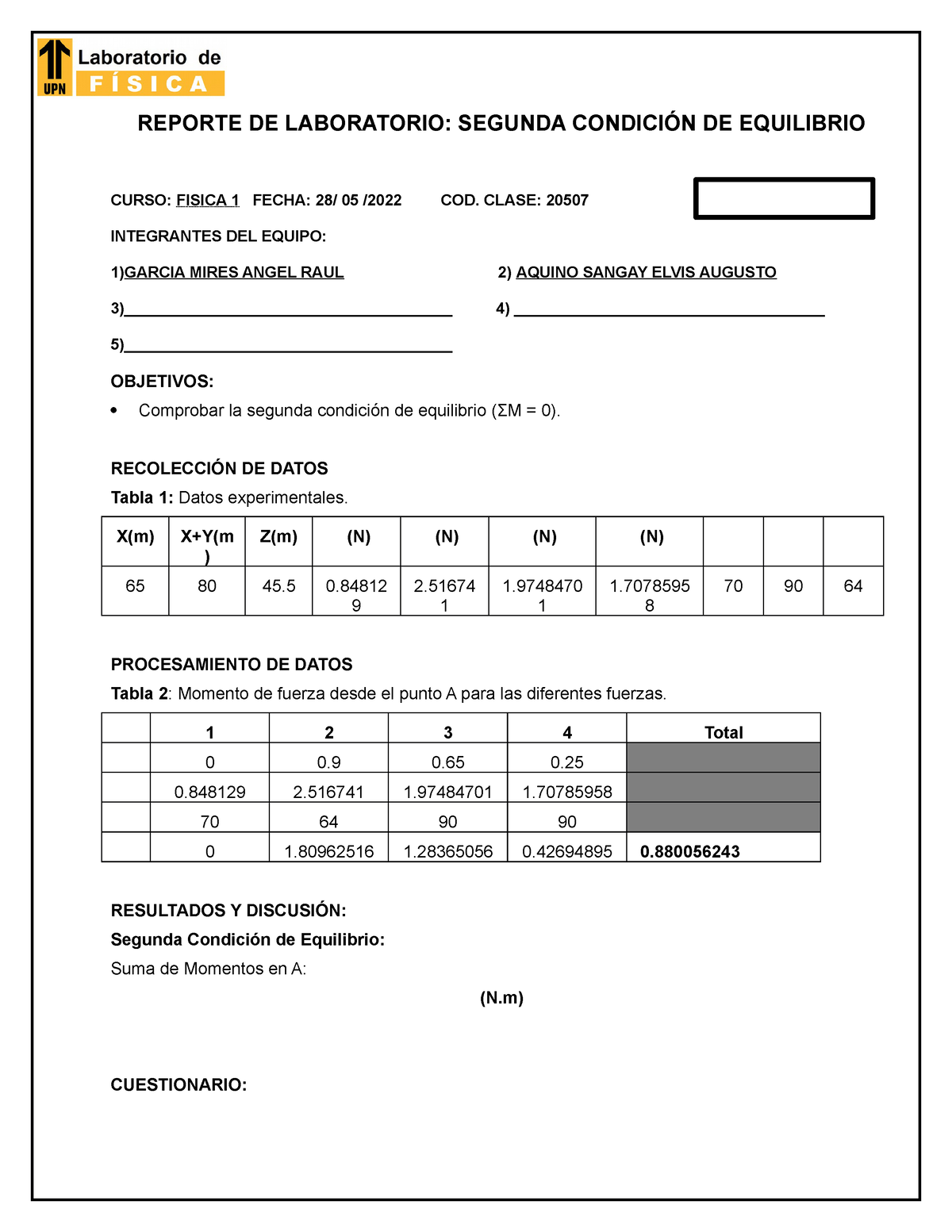 Reporte Lab Fisi1 S10 2ce Reporte De Laboratorio Segunda CondiciÓn