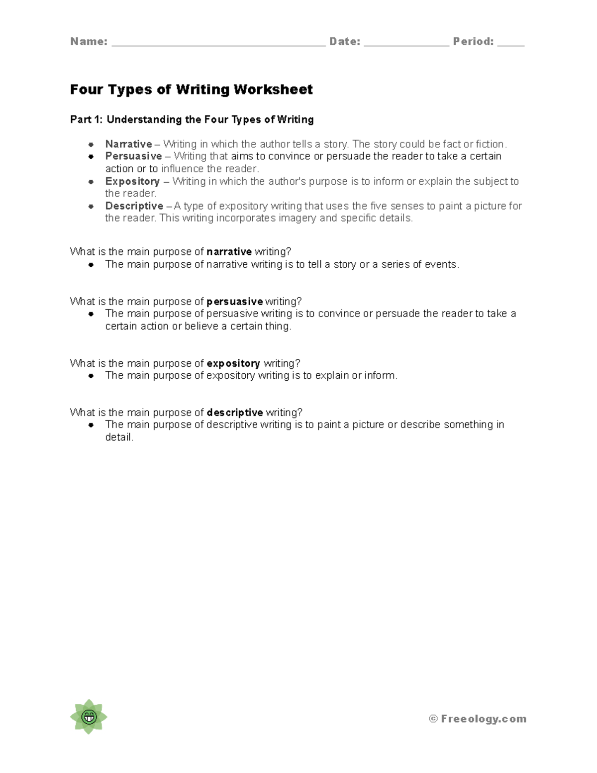 Four types of writing worksheet - Name ...