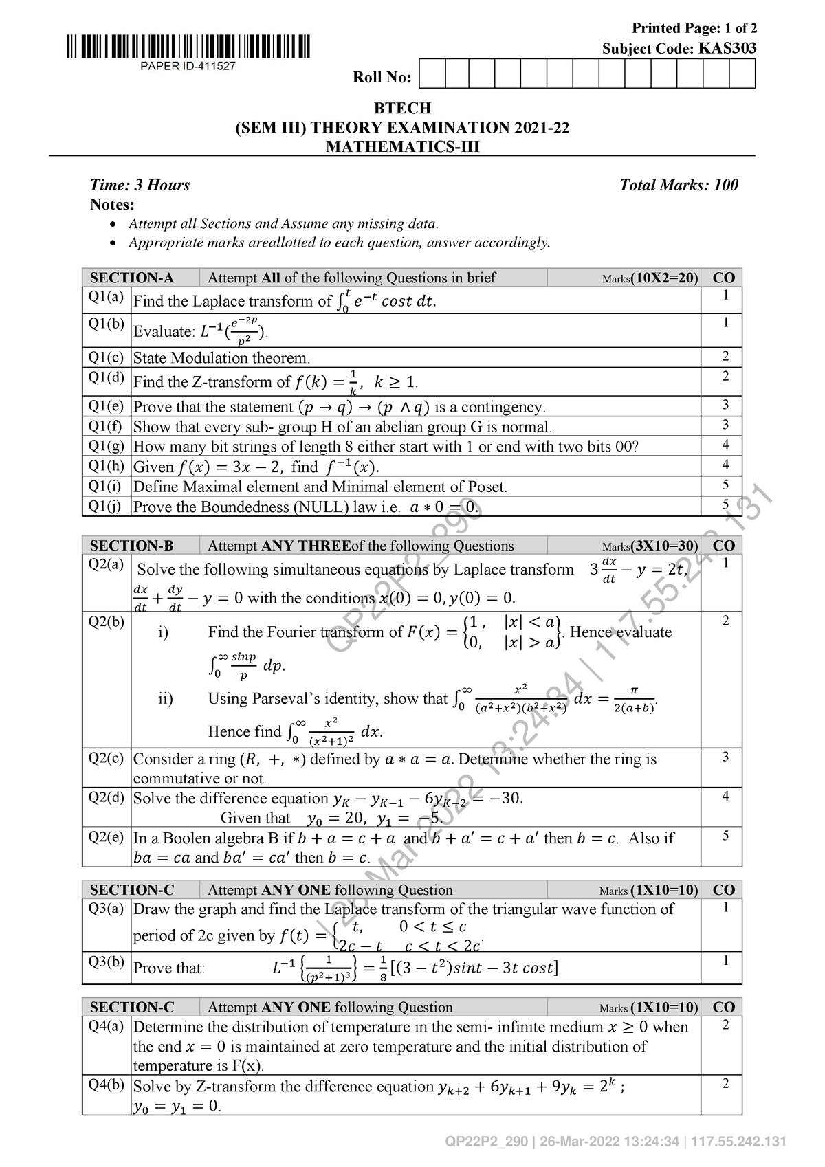 Btech As 2 Sem Mathematics 2 Kas303 2022 - QP22P2_ | 26-Mar-2022 13:24: ...