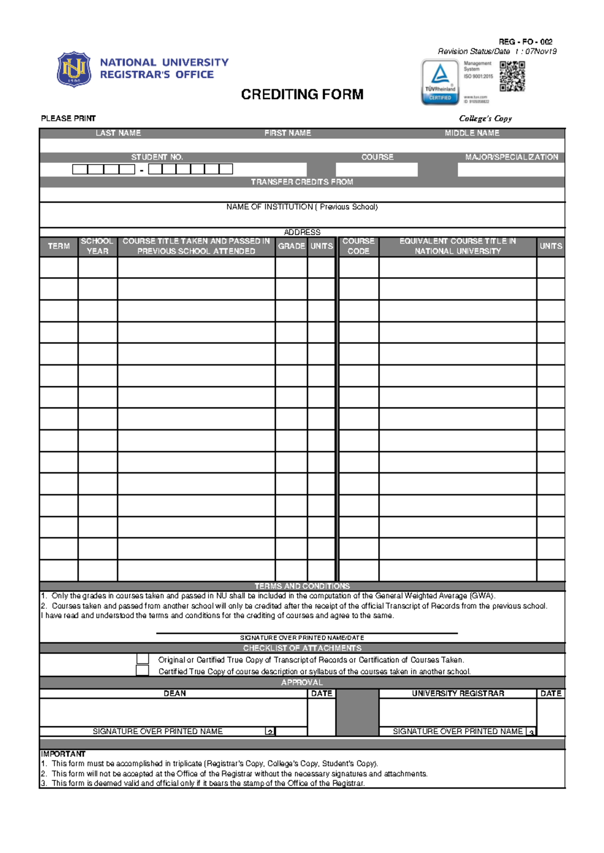 REG-FO-002 - Crediting Form - REG - FO - 002 Revision Status/Date 1 ...