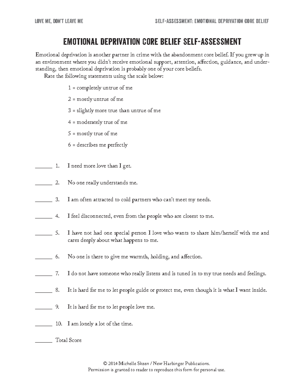 Lmdlm 2 Emotional Deprivation Core Belief Self-Assessment - Love Me ...