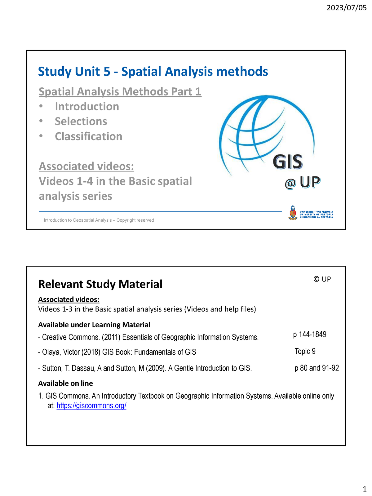 2023 L12 GIS221 Spatial Analysis Methods Part 1 - Study Unit 5 ...