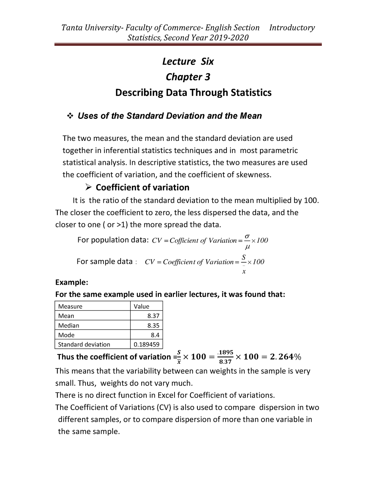 Lecture Six Introductory Statistics - Statistics, Second Year 2019 ...