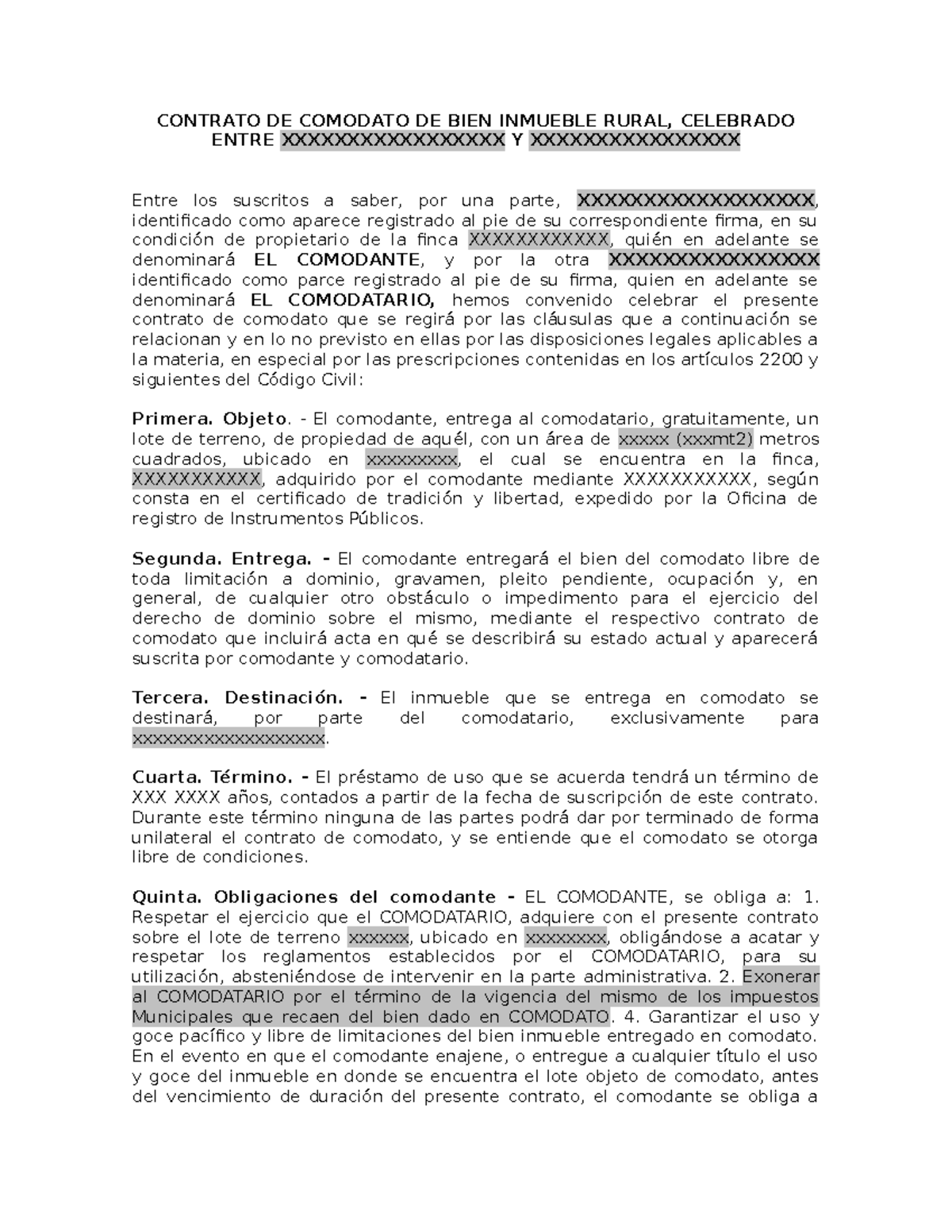 Contrato-DE- Comodato - CONTRATO DE COMODATO DE BIEN INMUEBLE RURAL ...