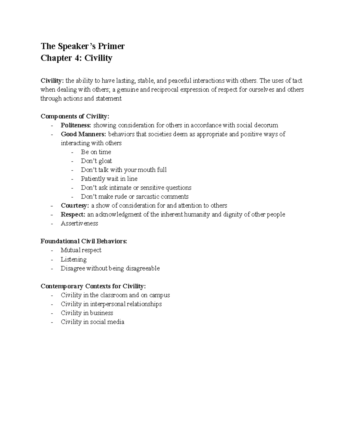 COM 120 Chapter 4 The Speaker’s Primer Chapter 4 Civility Civility
