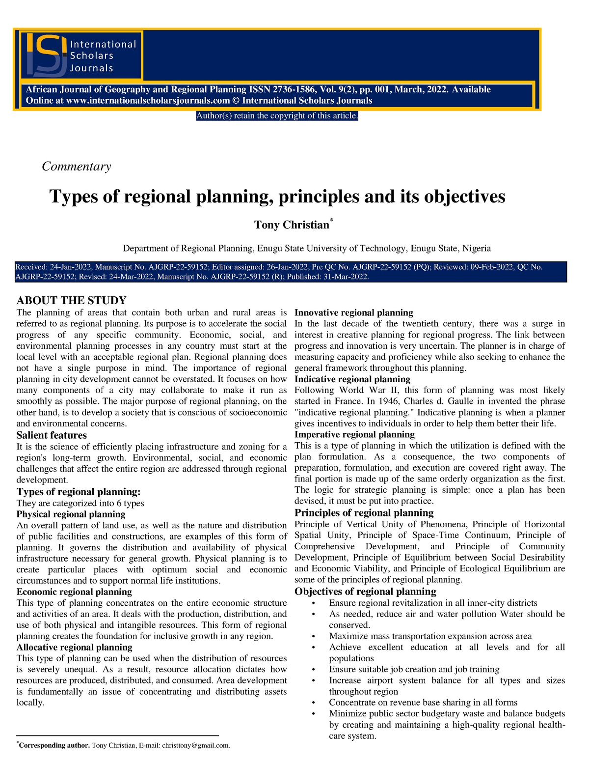 Types Of Regional Planning Principles And Its Objectives - Received: 24 ...