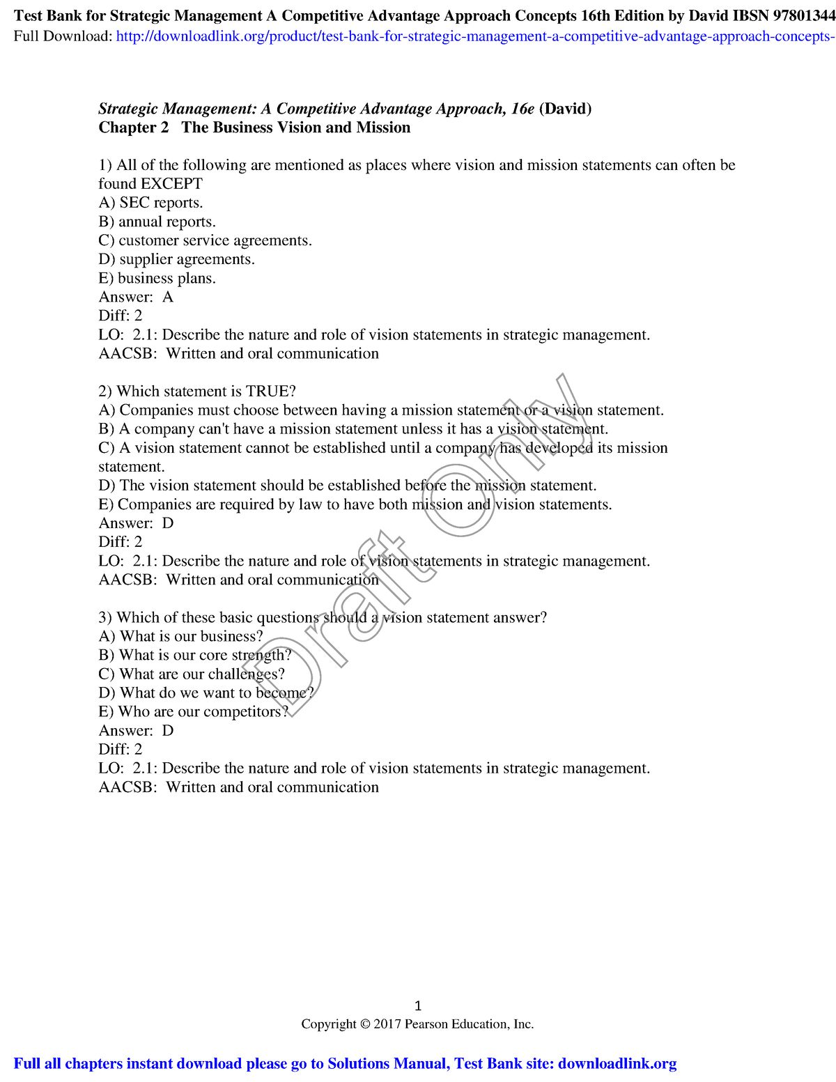 Test Bank For Strategic Management A Competitive Advantage Approach ...