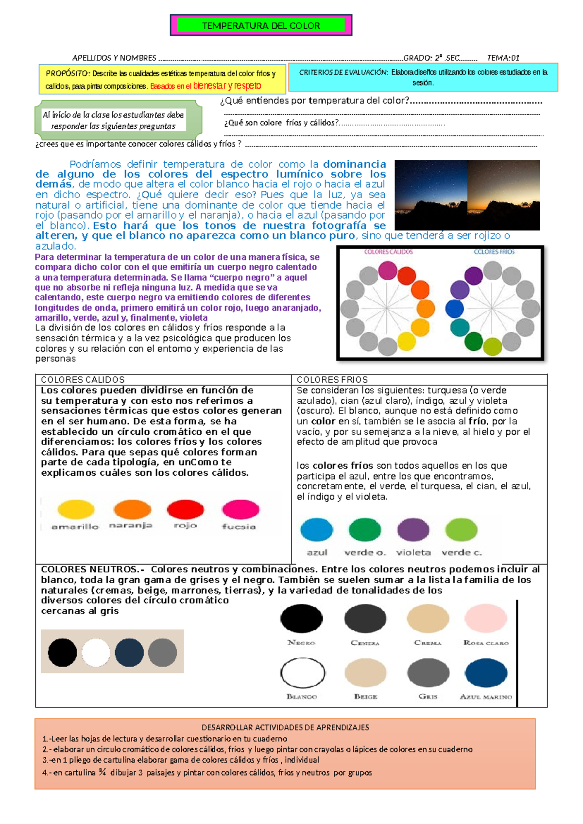 2° tema 1 temperatura del color calidos y frios - APELLIDOS Y NOMBRES ...