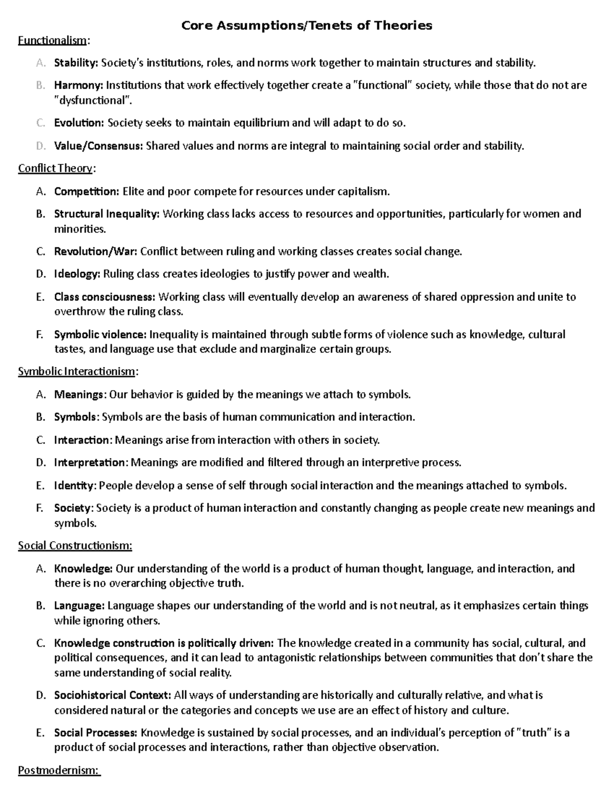 Sociological Theory Handout - Core Assumptions/Tenets of Theories ...