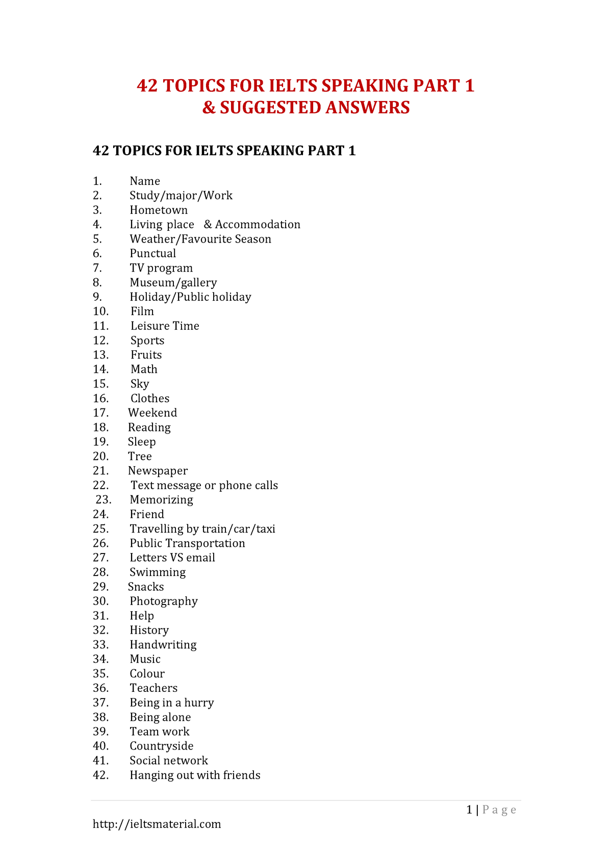 42 Topics For Ielts Speaking Part 1 Suggested Answers 2016 1 P A G 