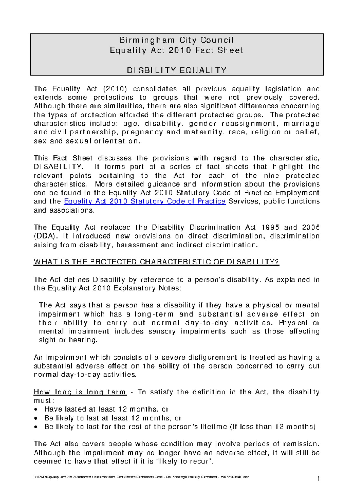 Disability factsheet - FACT sheet - Birmingham City Council Equality ...