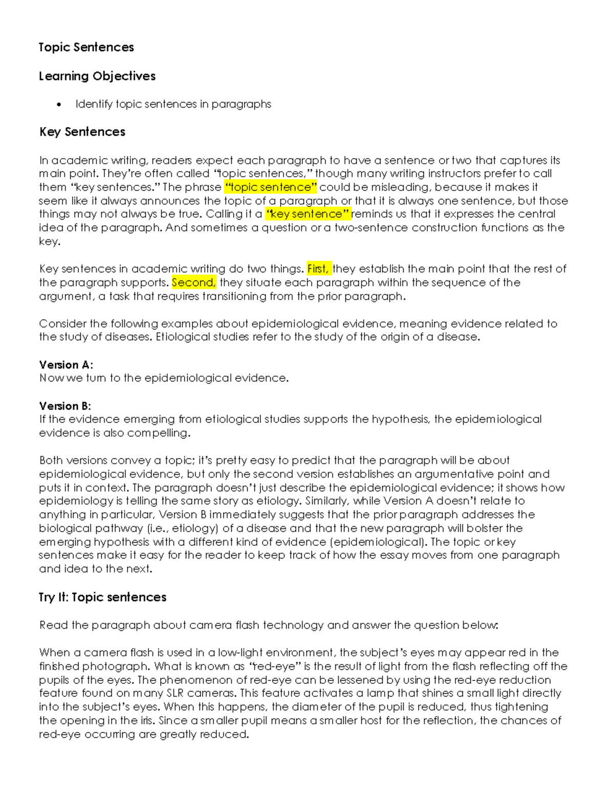 Topic sentence - elp - Topic Sentences Learning Objectives Identify ...