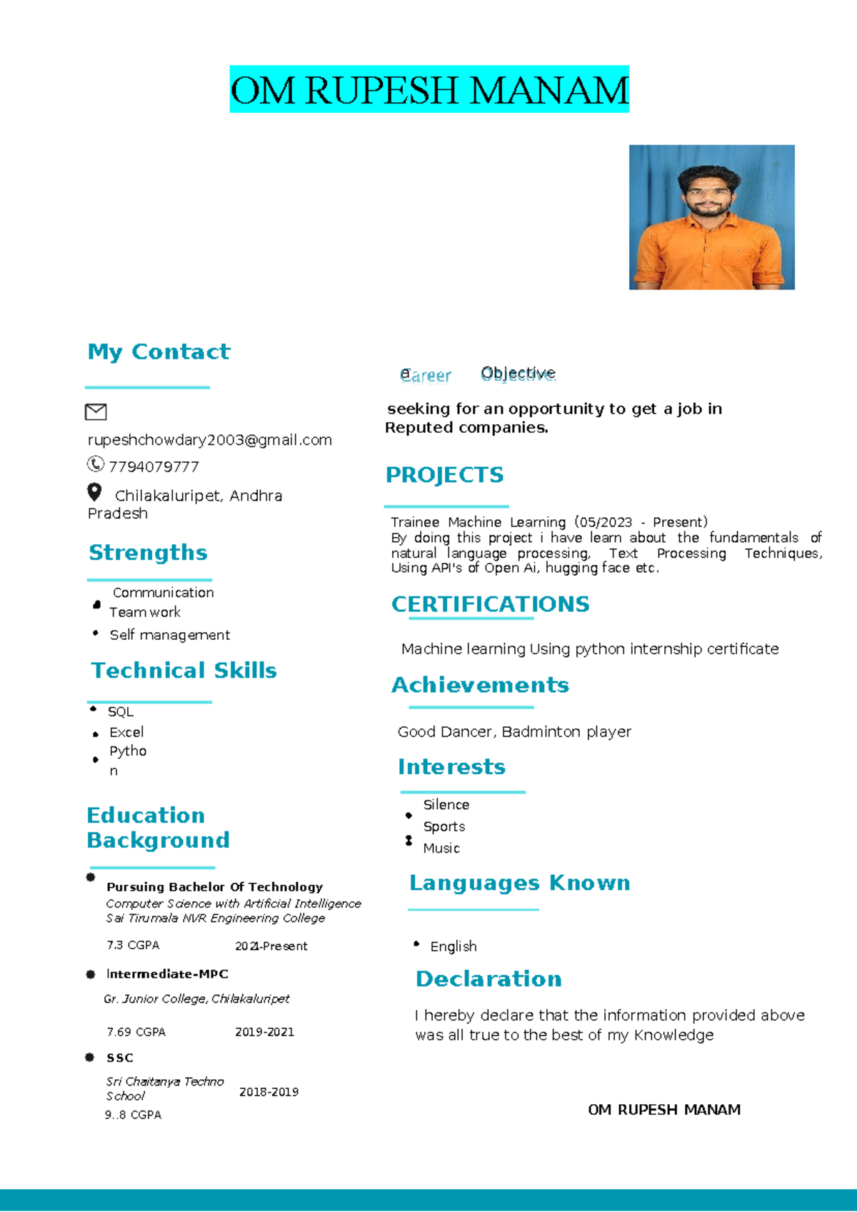 Rupesh simple resume - i want this material sir - a Objective OM RUPESH ...