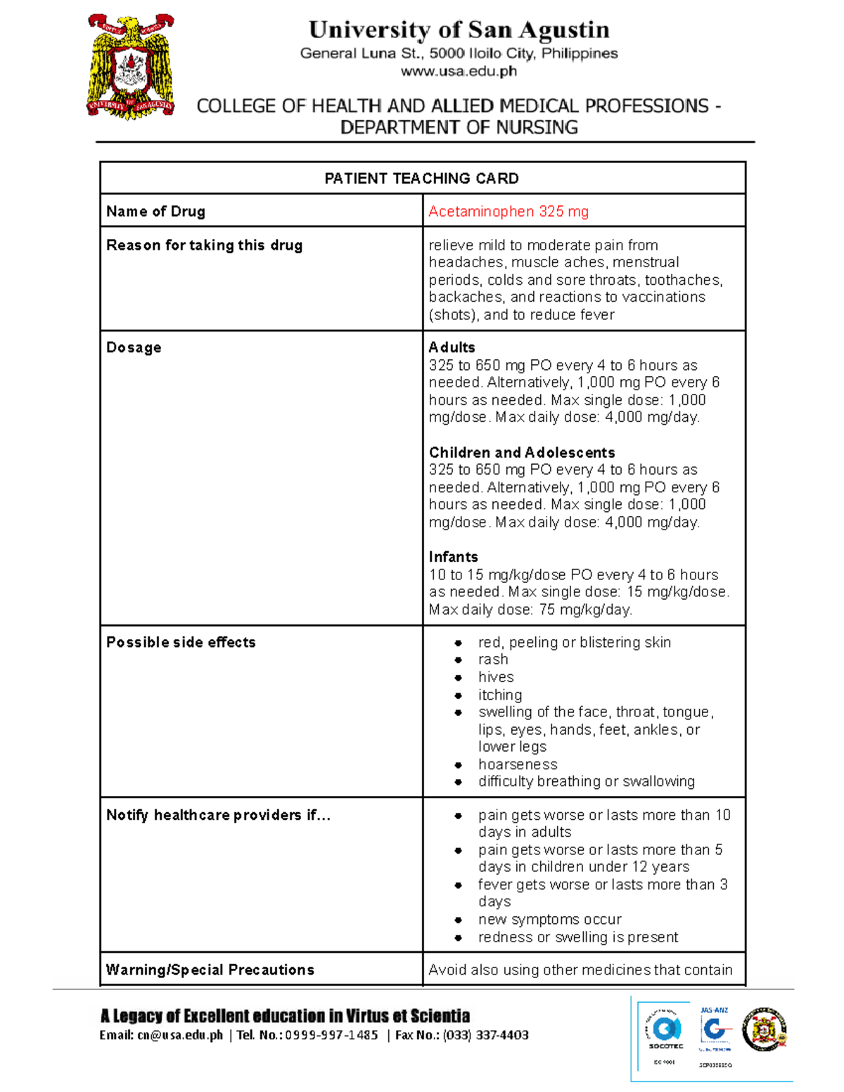 Gomez BSN2D Patient Teaching Card PATIENT TEACHING CARD Name of Drug