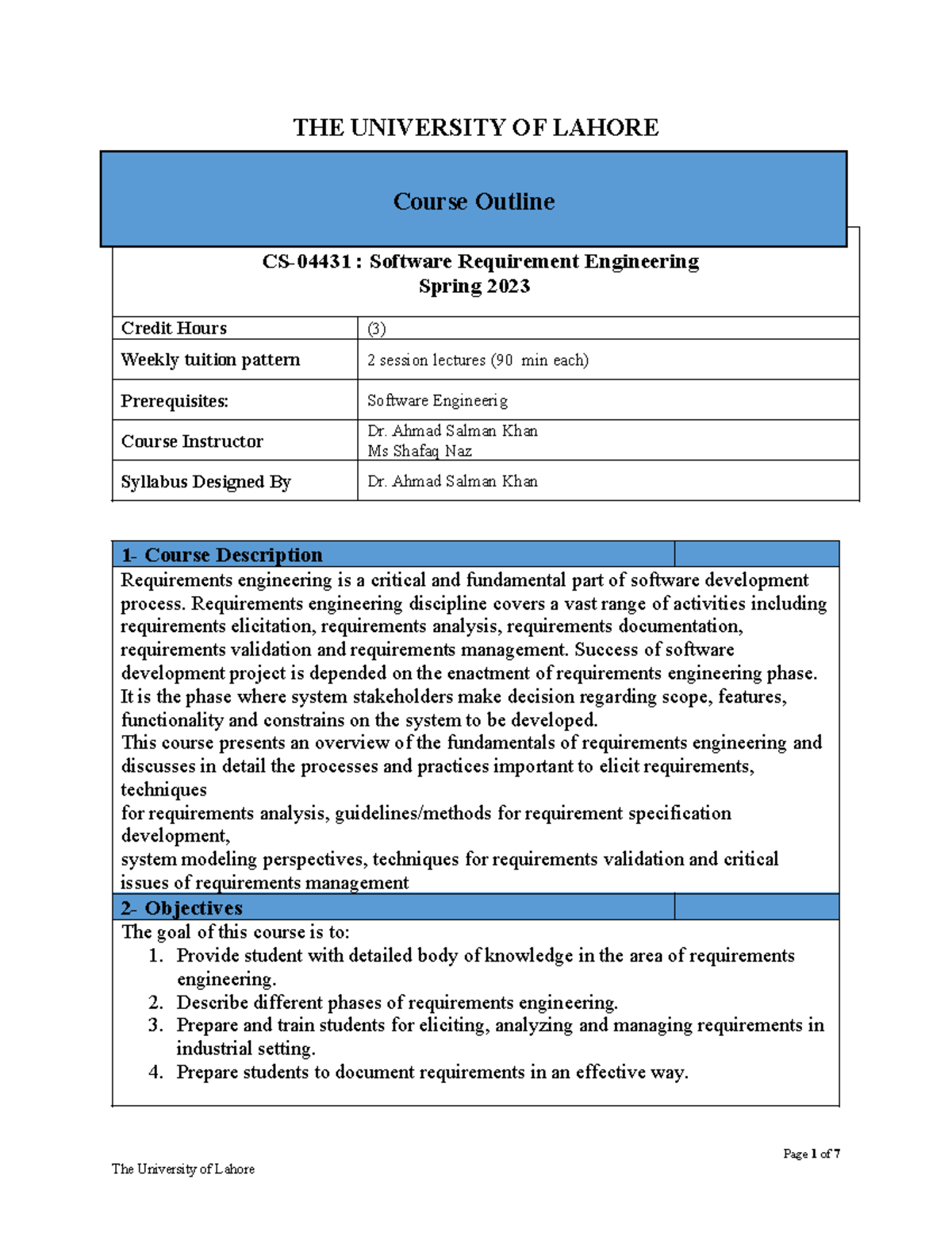 SRE outline V3 - Lec Notes - THE UNIVERSITY OF LAHORE CS-04431 ...