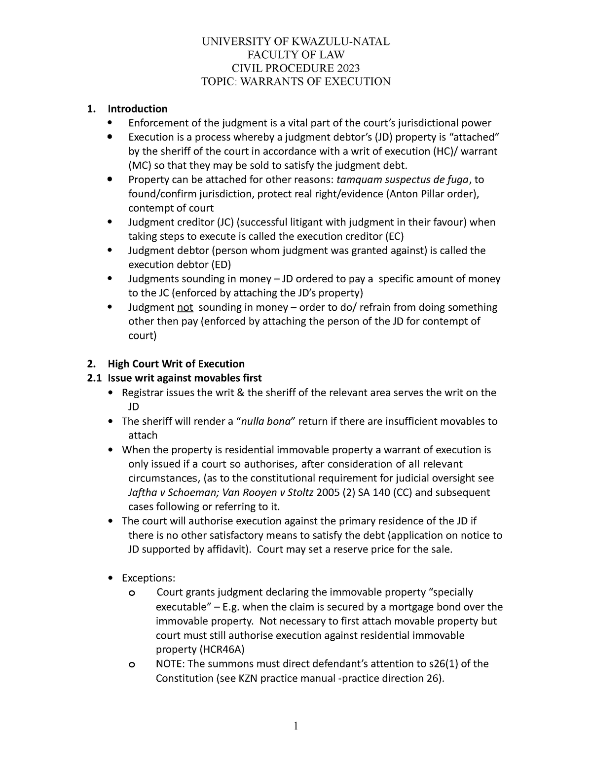 21 Warrants of Execution 2023 FACULTY OF LAW CIVIL PROCEDURE 2023