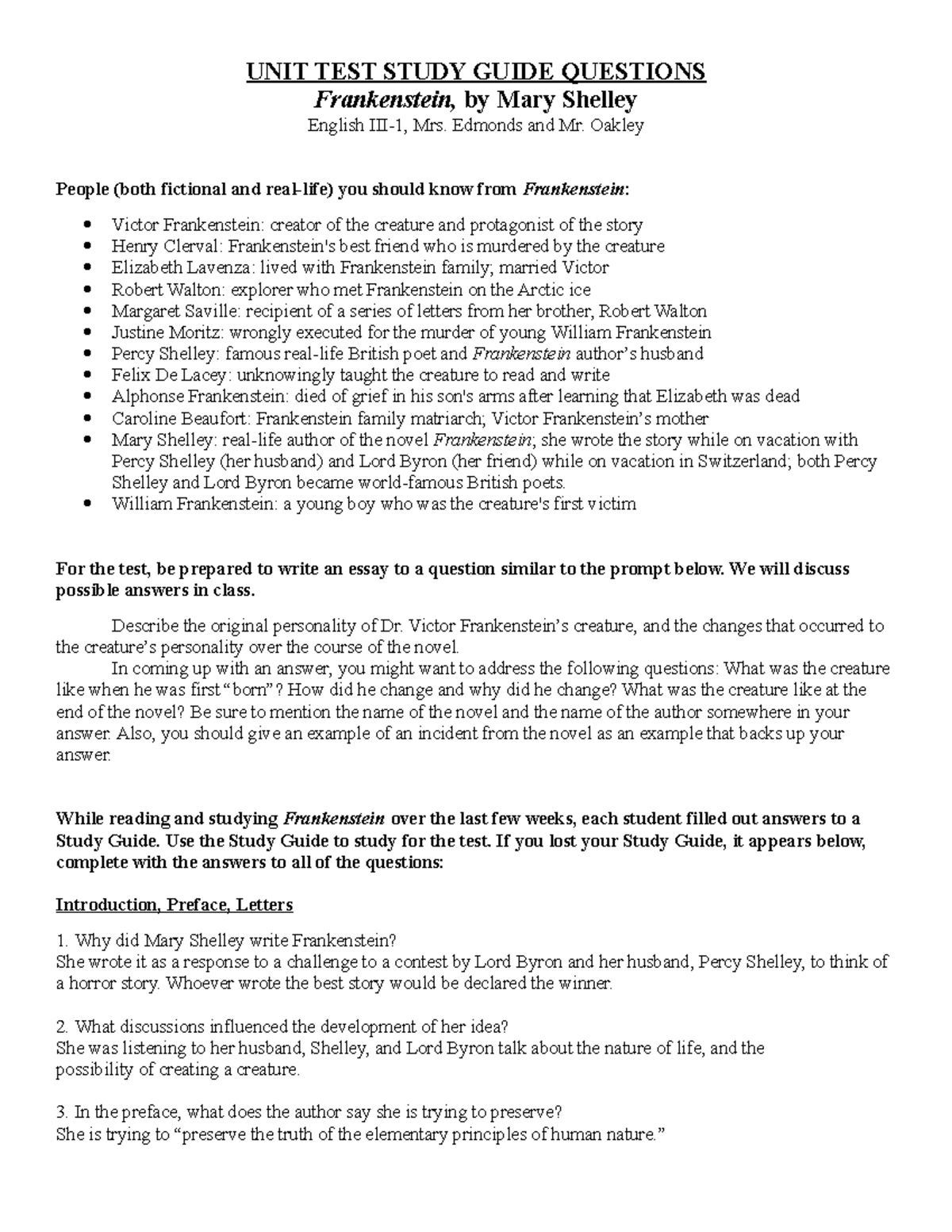 Frankenstein Unit Test Study Guide UNIT TEST STUDY GUIDE QUESTIONS