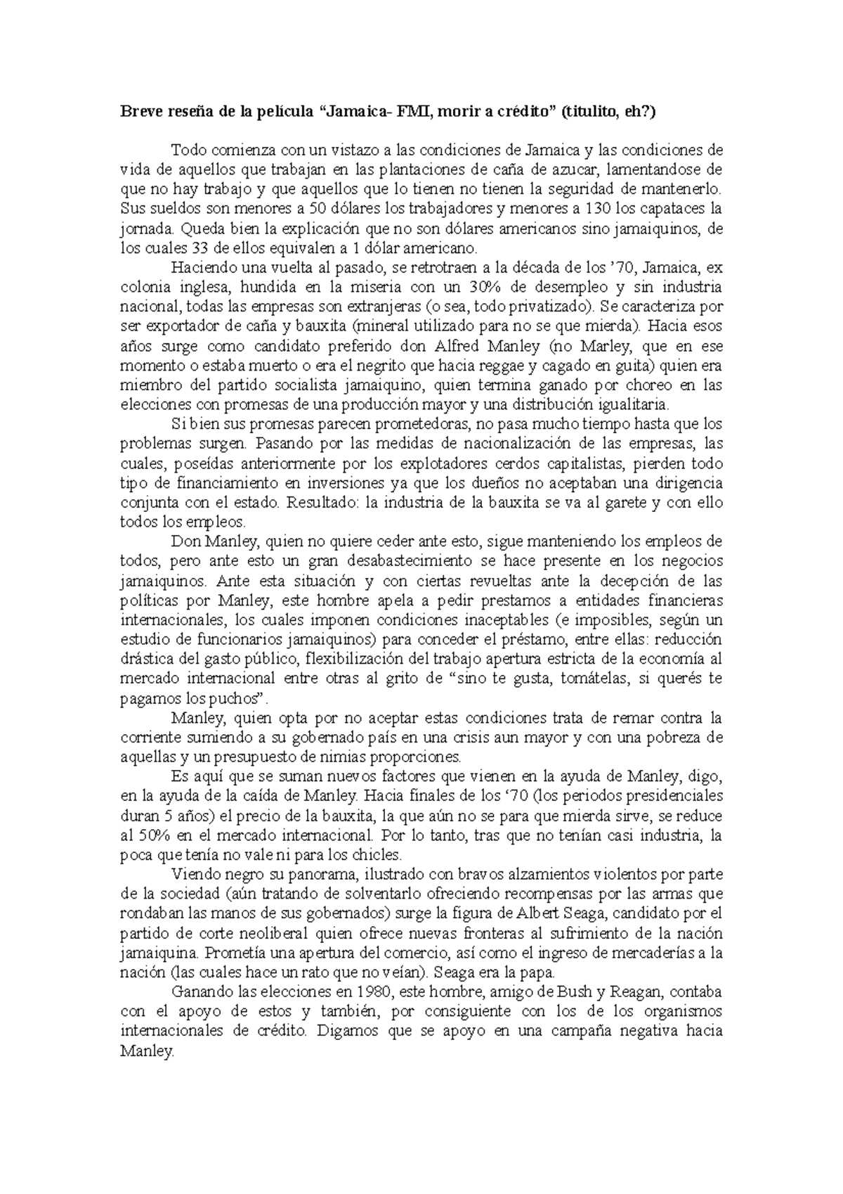 Breve reseña de la película - Breve reseña de la película “Jamaica- FMI ...