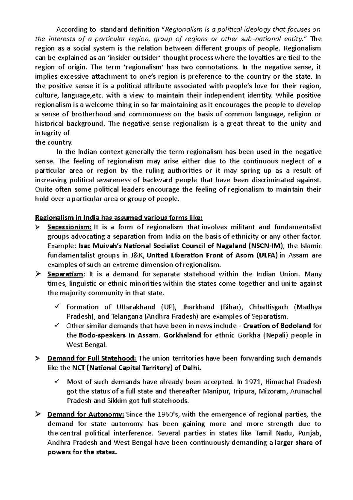 5. Regionalism Notes on political science According to standard