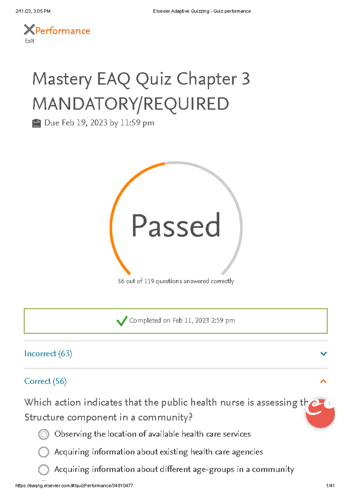 Elsevier Adaptive Quizzing - Quiz Performance- Correct - Exit ...