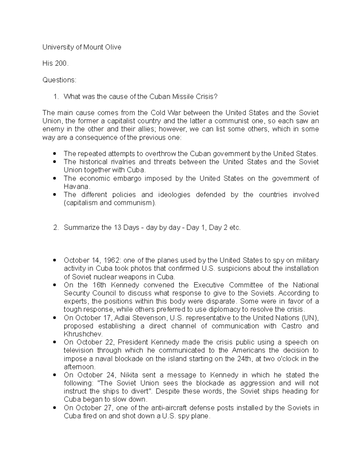 Cuban Missile Crisis University of Mount Olive His 200. Questions