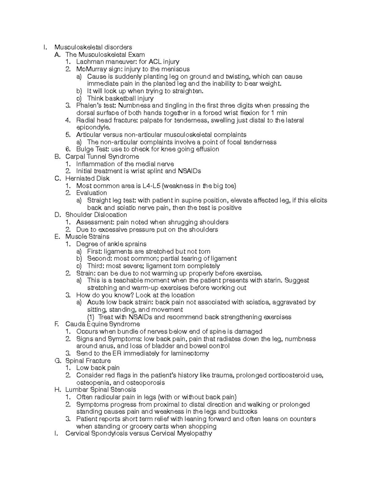 NR511 Final Review - I. Musculoskeletal disorders A. The ...