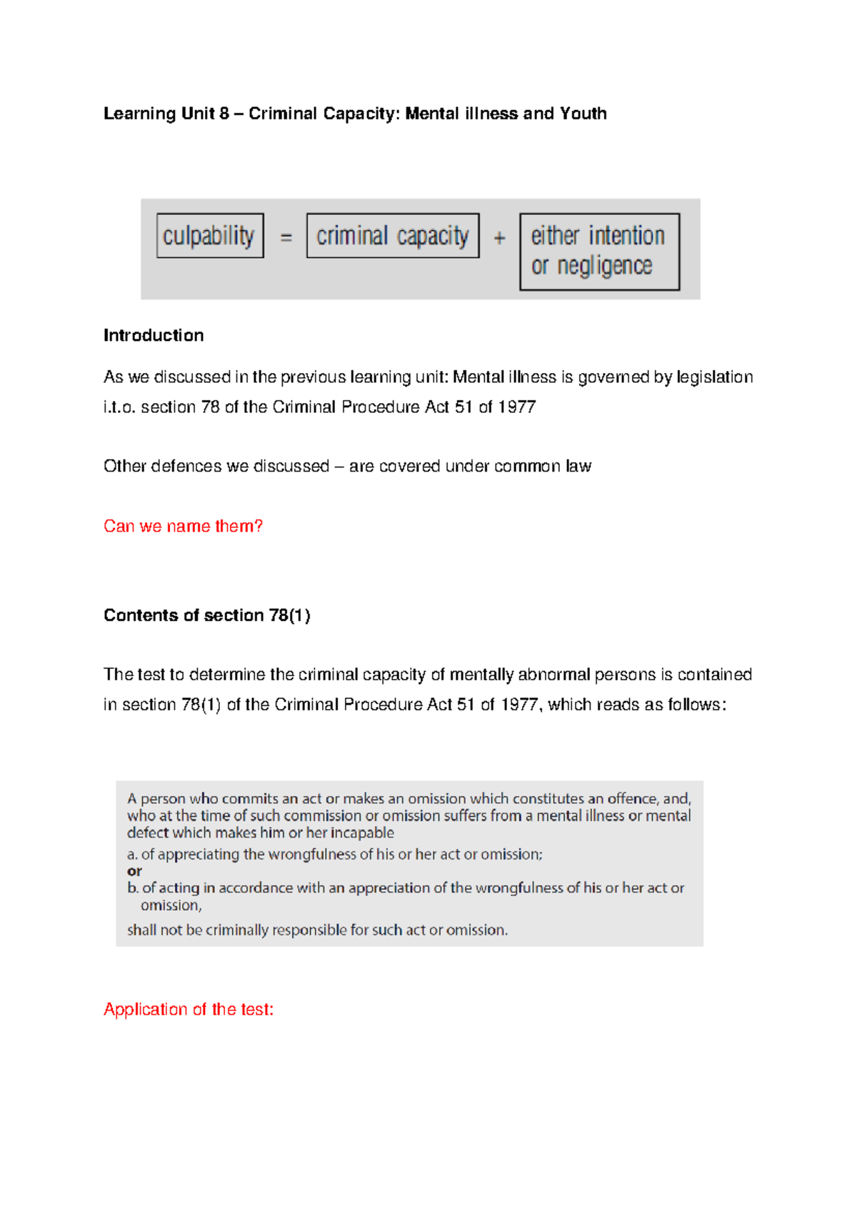 Learning Unit 8 Week 4 - Learning Unit 8 – Criminal Capacity: Mental ...