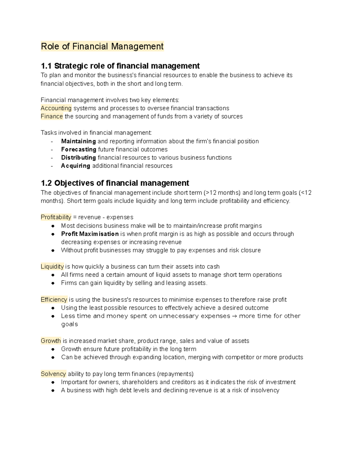 Topic 2 Finance - business studies notes - Role of Financial Management ...