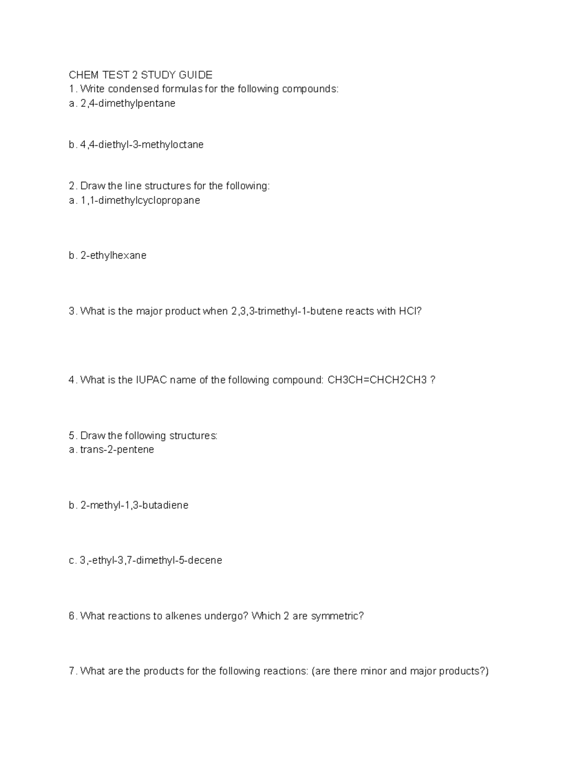 Chem Study Guide Test 2 - Practice questions for exam 2 - CHEM TEST 2 ...