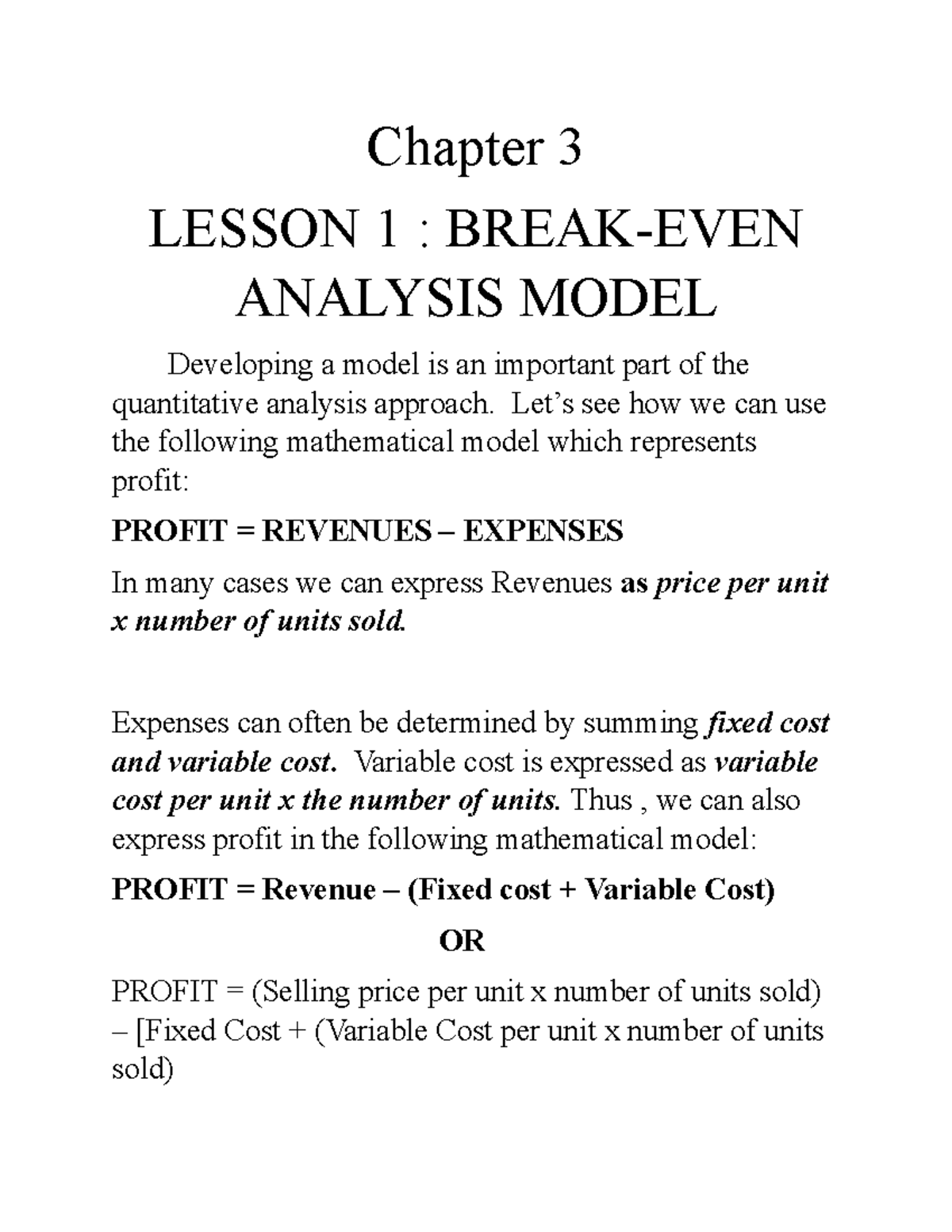 Chapter 3 - Lesson 1 - Break-even Analysis Model - Chapter 3 LESSON 1 ...