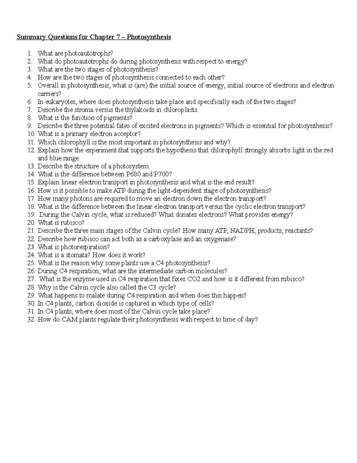 Summary+for+Chapter+7 - Summary Questions for Chapter 7 Photosynthesis ...