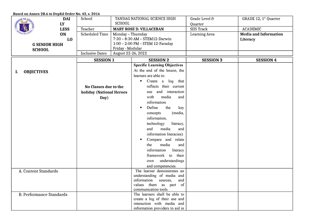 DLL MILQ1W1 - DAILY LESSON LOG QUARTER 1 WEEK1 - Based On Annex 2B To ...