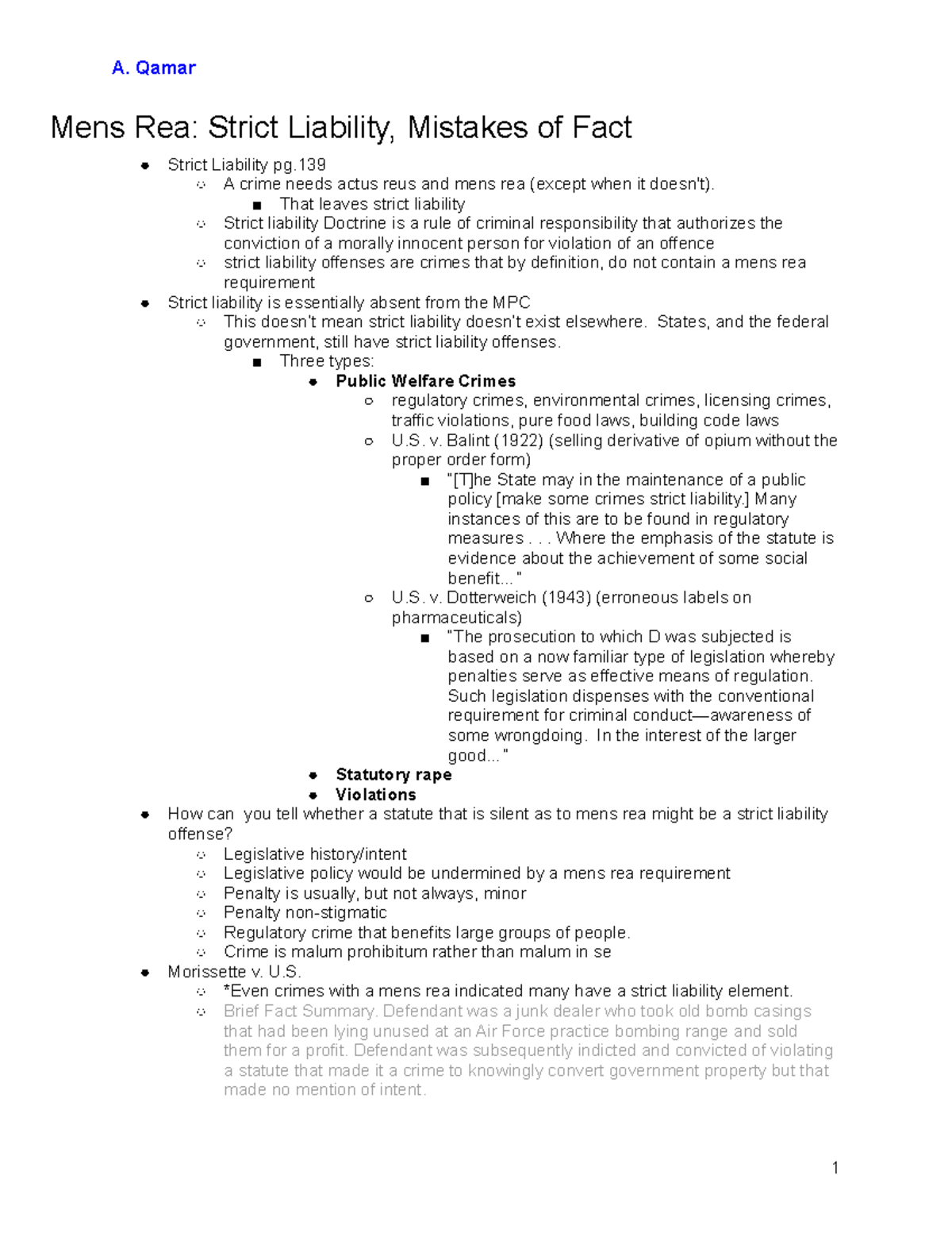 Criminal Law Prof. Stark 2 Mens Rea Strict Liability, Mistakes of