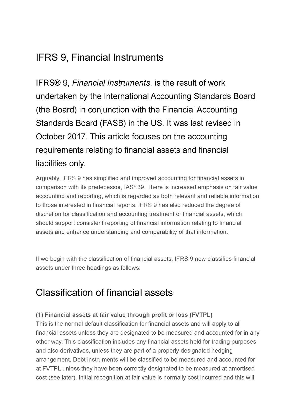 IFRS 9 - Lecture Notes 1-3 - IFRS 9, Financial Instruments IFRS® 9 ...