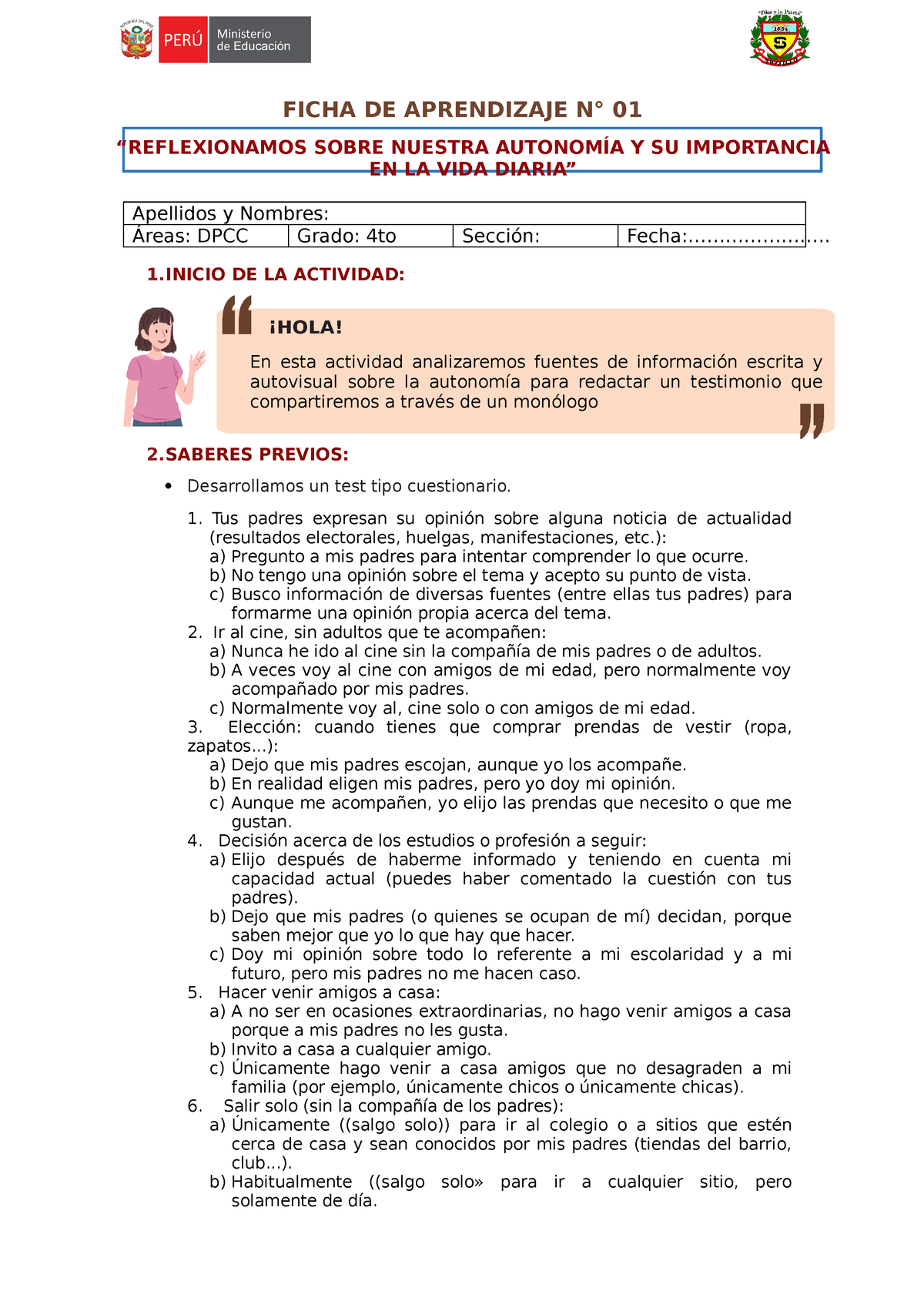 Ficha De Aprendizaje Nº 01 4to Grado Ficha De Aprendizaje N° 01