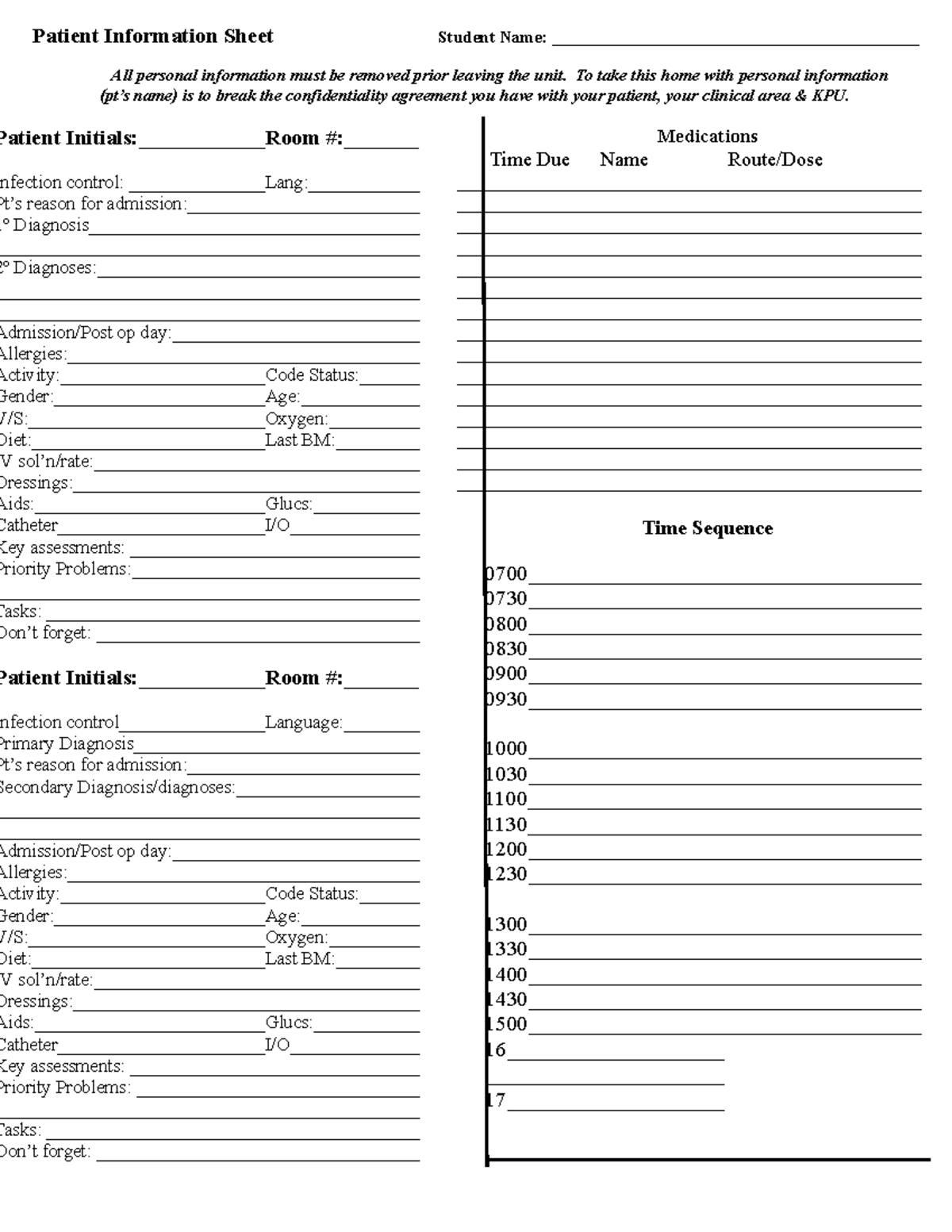 Client Information Sheet For Nursing Students - Patient Information 