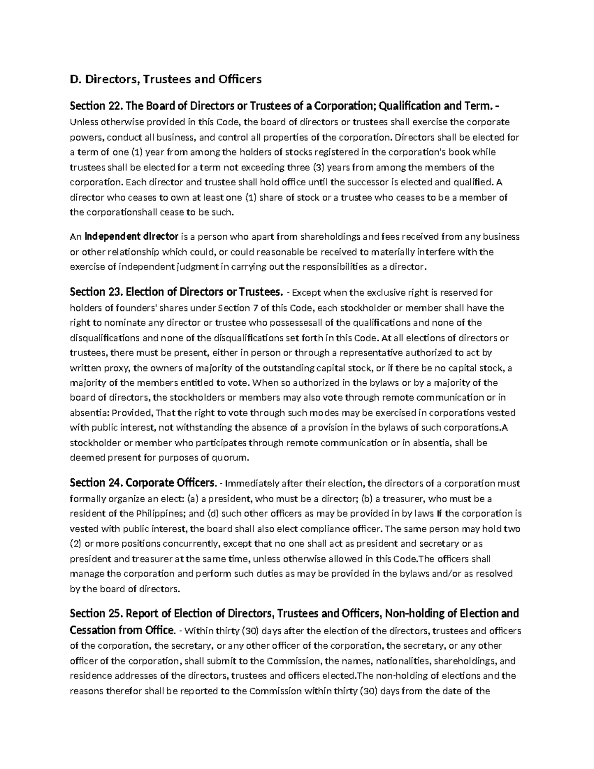Qualifications and Disqualifications D. Directors, Trustees and Officers Section 22. The Board