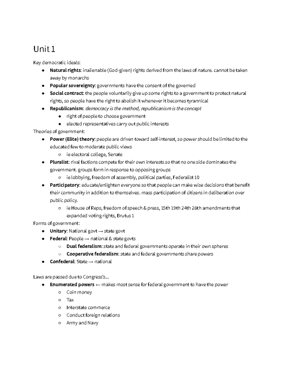 US Gov Notes Unit 1 (1 of 3) - Unit 1 Key democratic ideals: Natural ...