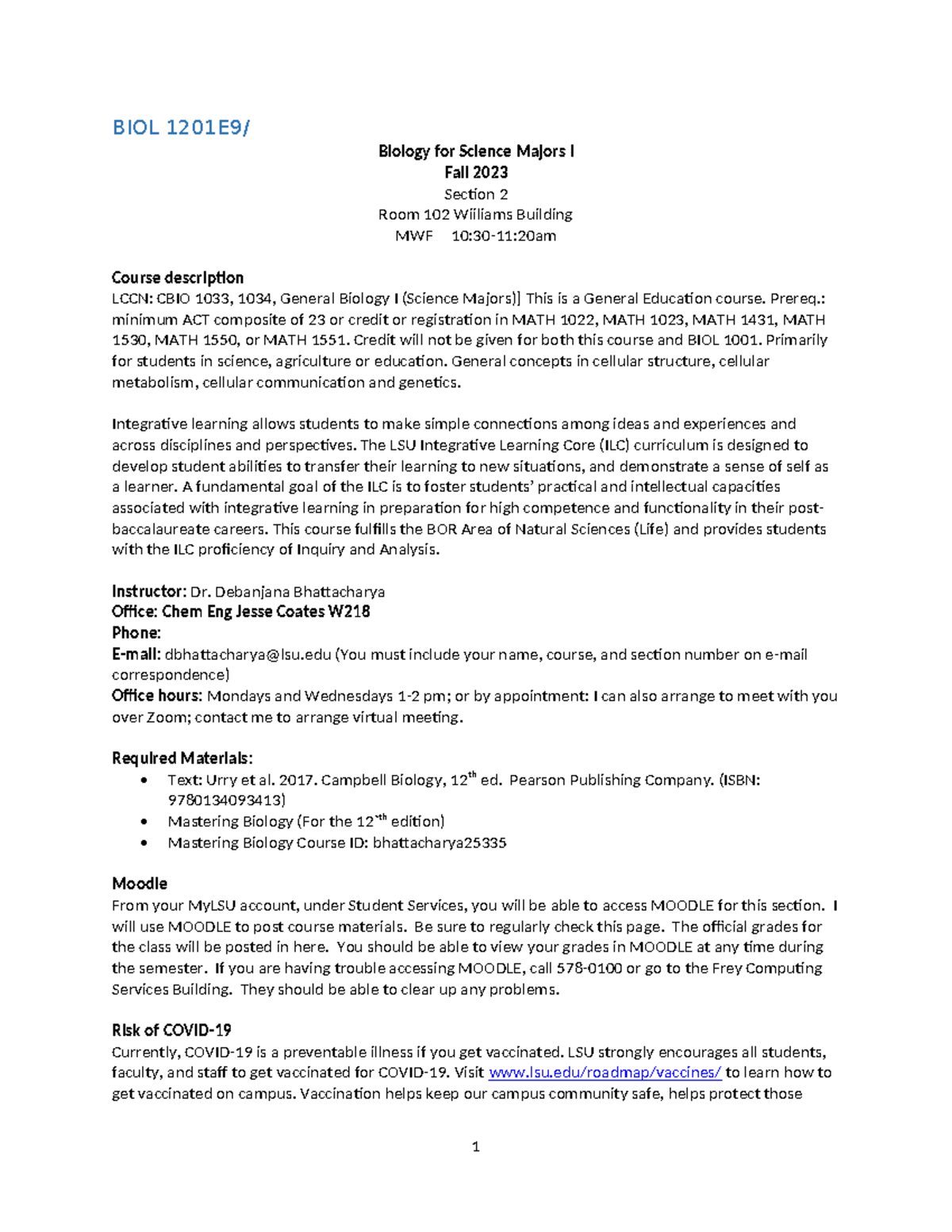 BIOL 1201 Section 2 Syllabus Fall 2023 - BIOL 1201E9/ Biology For ...