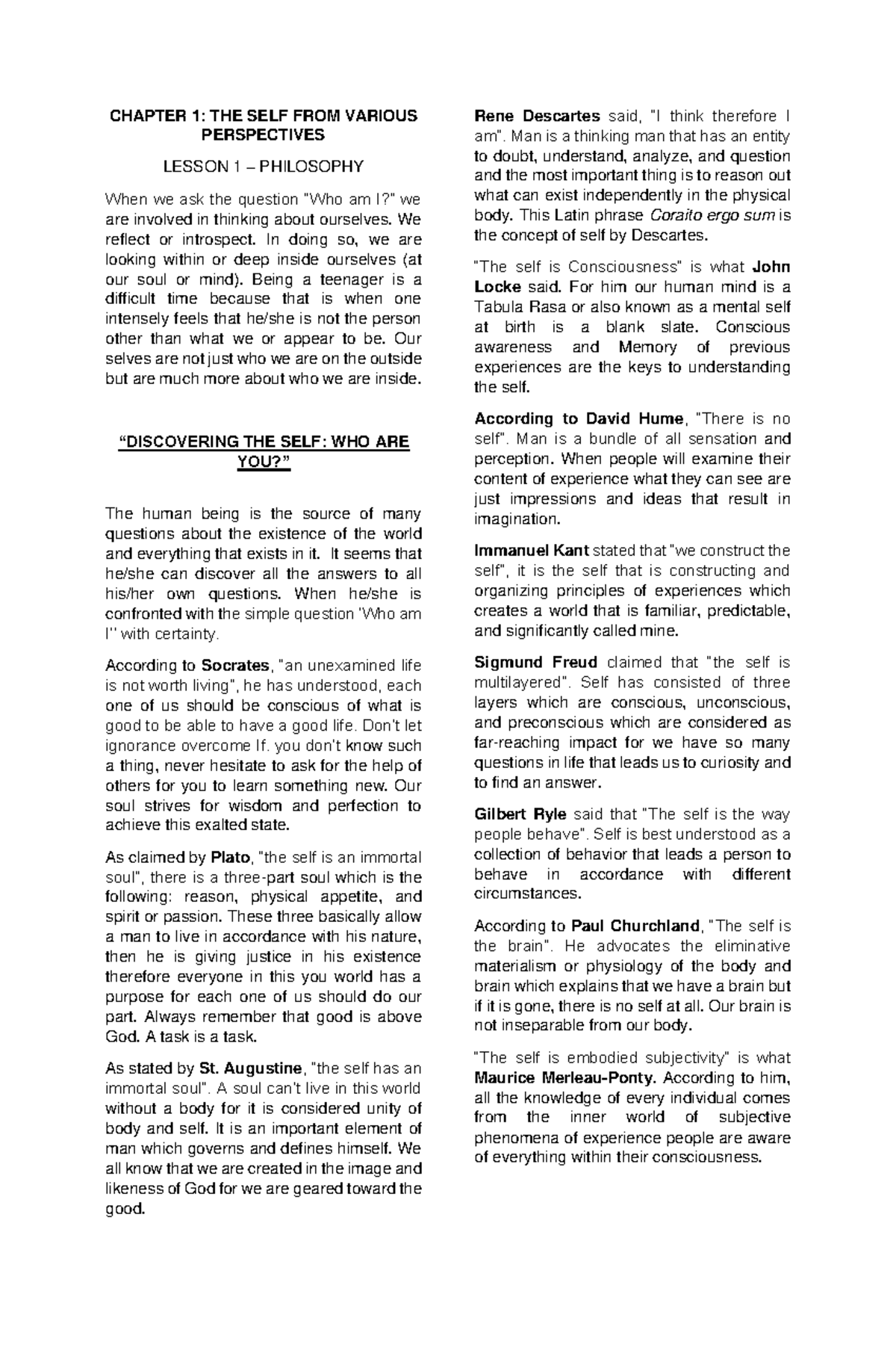 UTS-Reviewer - Haha - CHAPTER 1: THE SELF FROM VARIOUS PERSPECTIVES ...