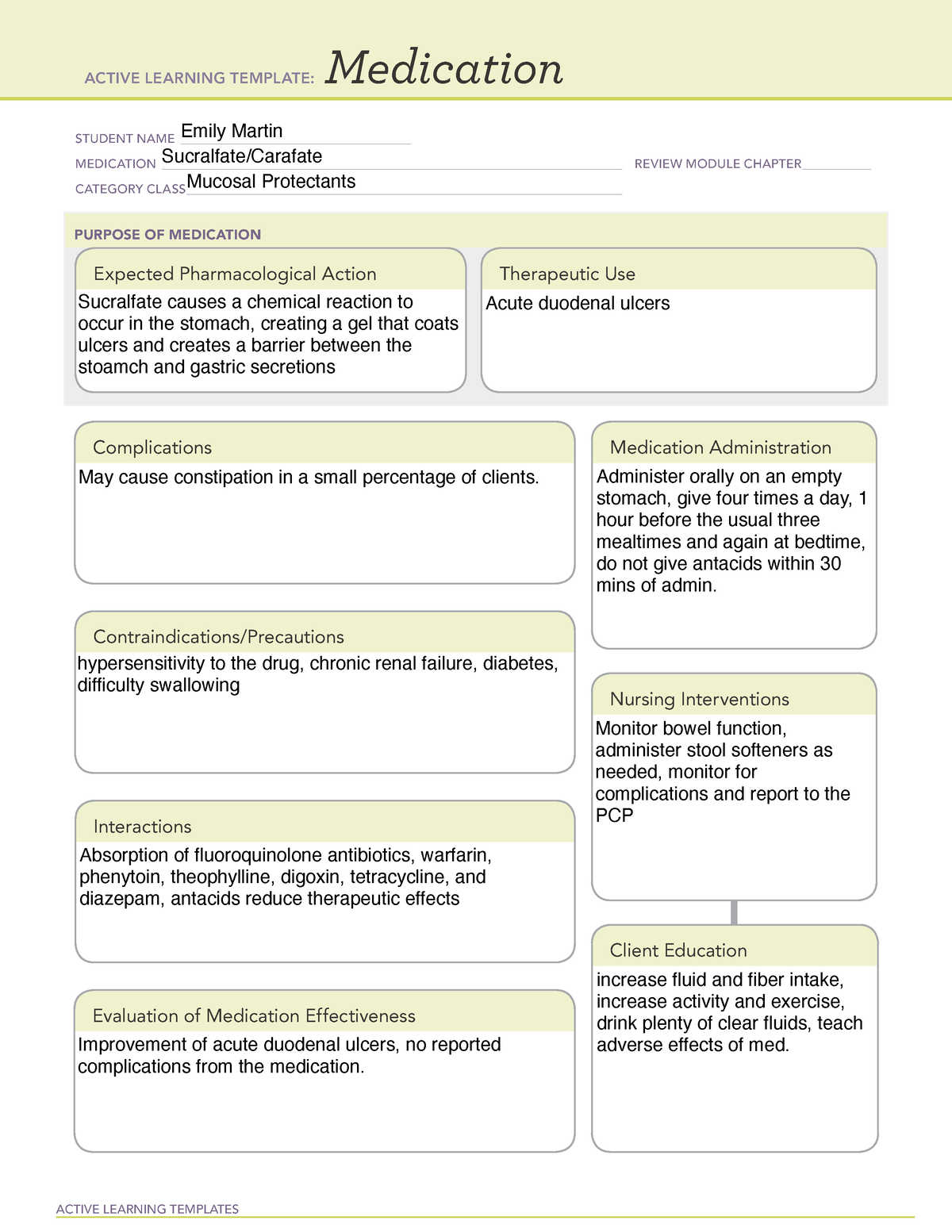 Sucralfate:Carafate ATI Gastrointestinal Drug Card Review Template on