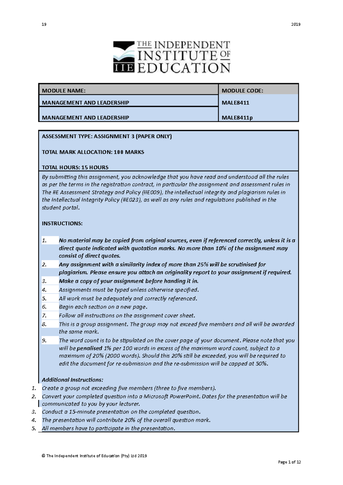 Leadership - Grade: B - MODULE NAME: MODULE CODE: MANAGEMENT AND ...