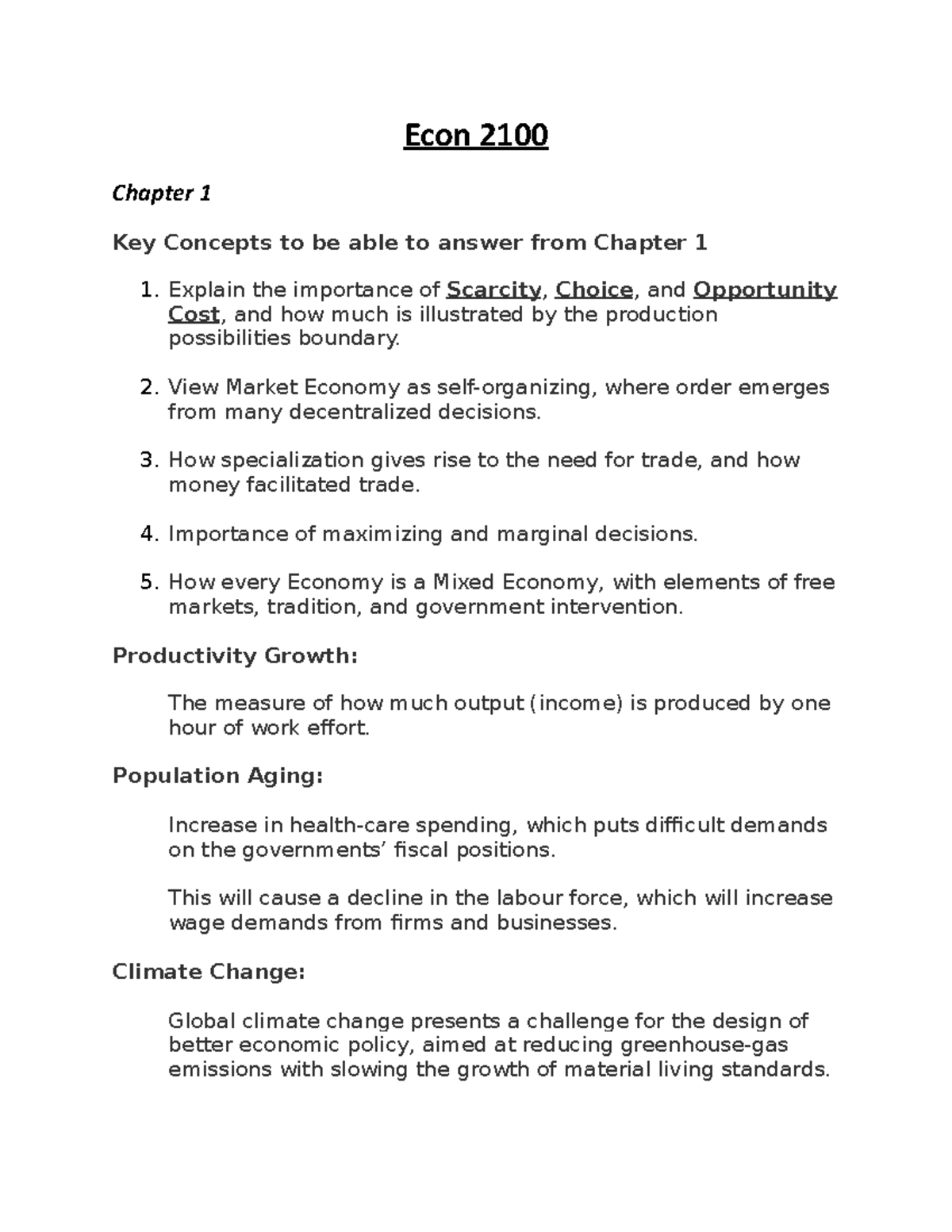 Chapter 1 - Notes - Econ 2100 Chapter 1 Key Concepts to be able to ...