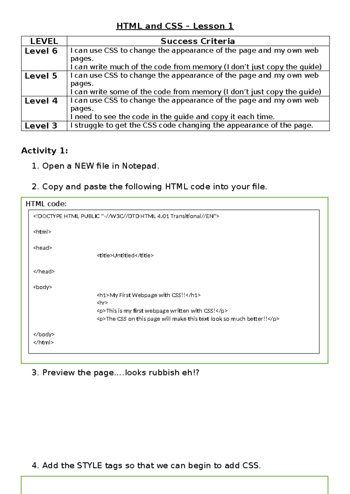 Lesson 1 Activity Sheet - HTML and CSS – Lesson 1 LEVEL Success ...