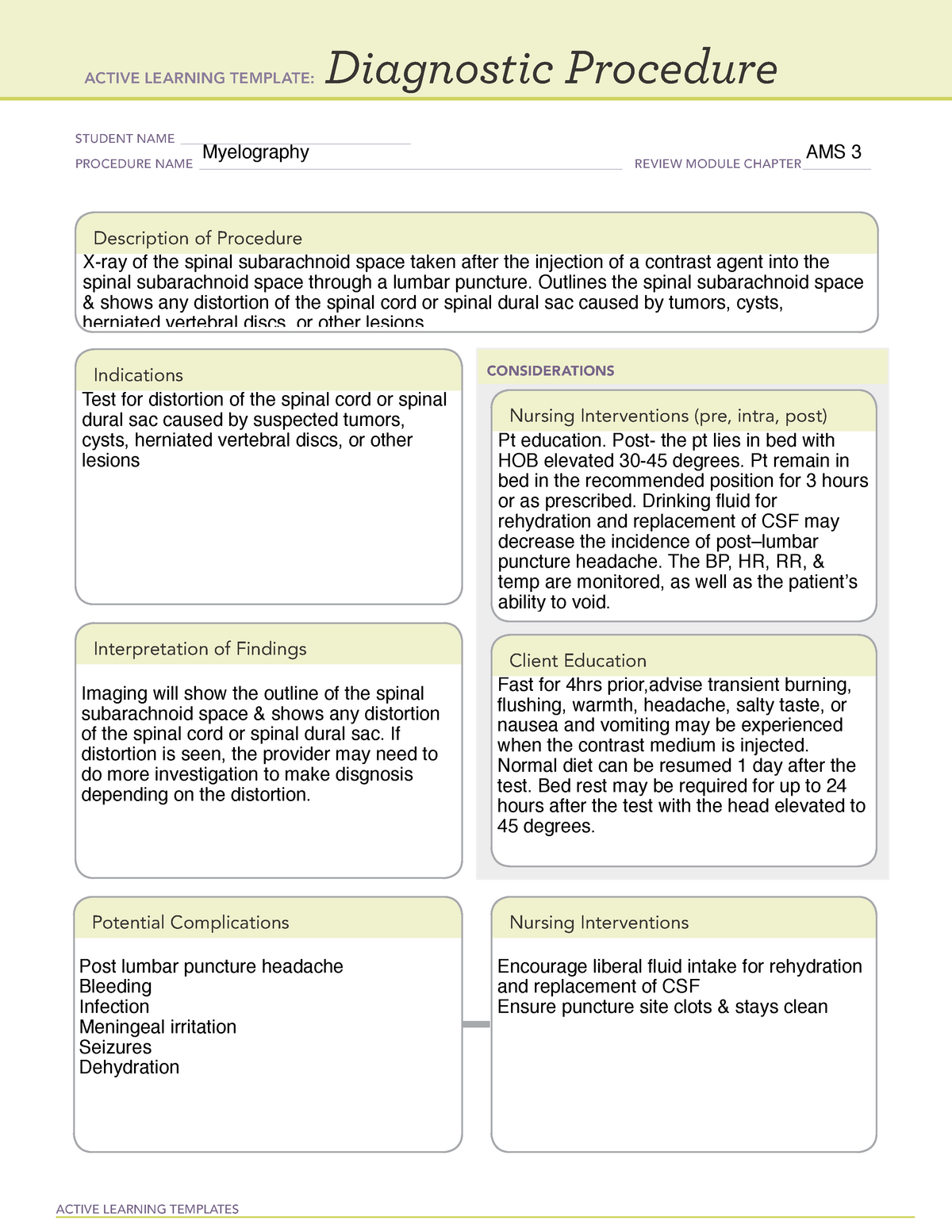 ATI Diagnostic Procedure Template Myelography ACTIVE LEARNING