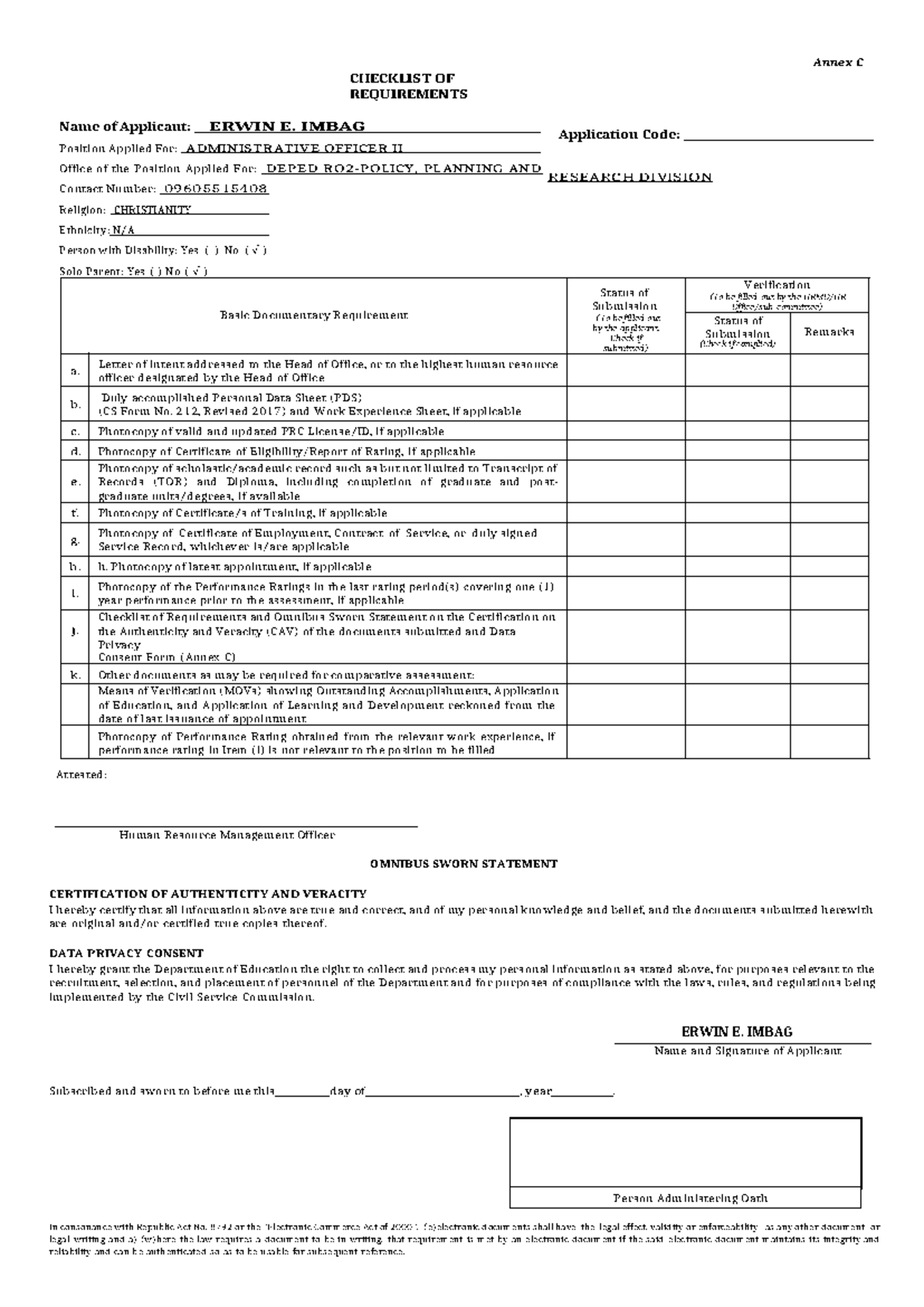 Annex C Checklist of Requirements and Omnibus Sworn Statement ...
