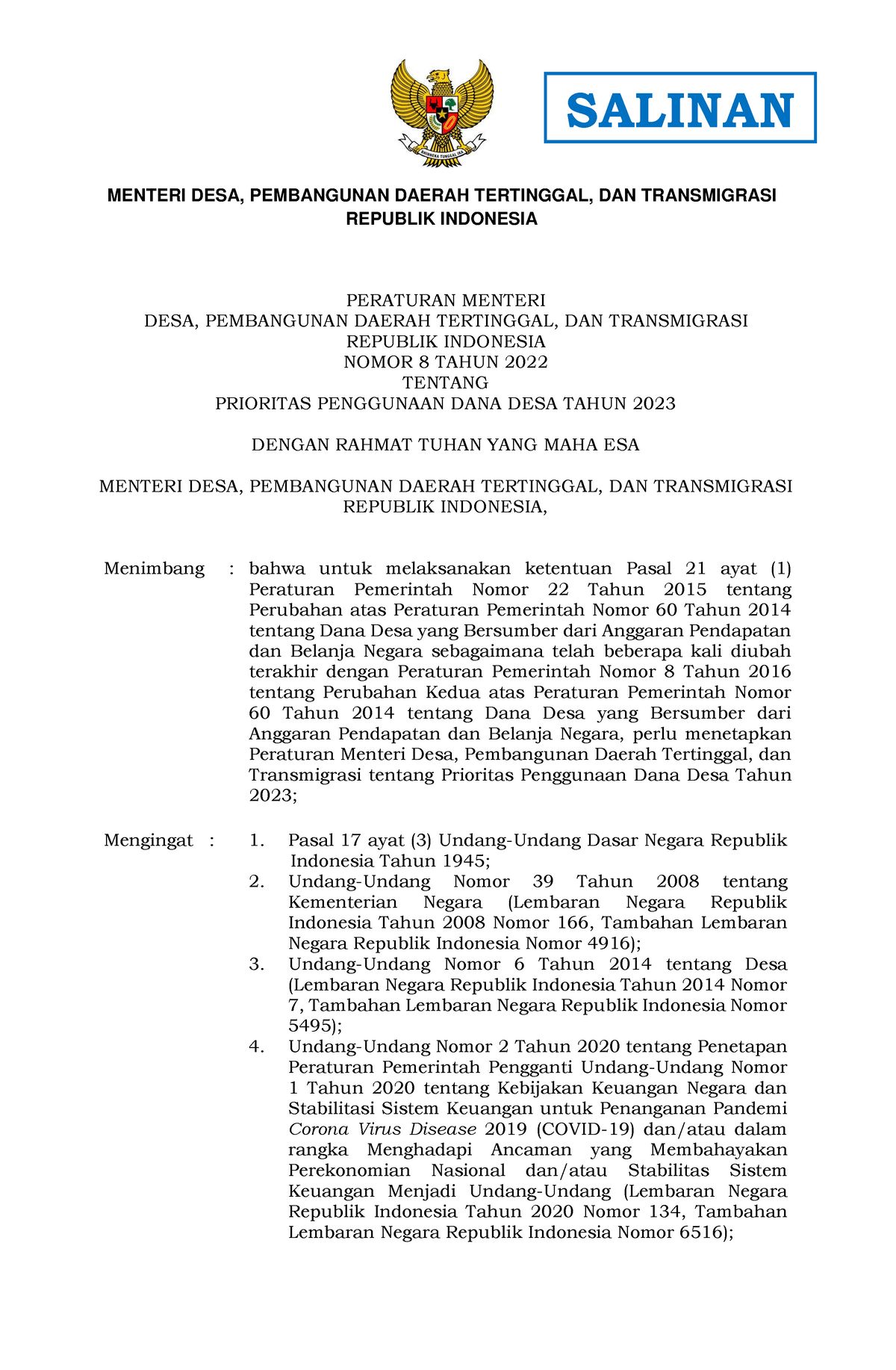 Permendes PDTT Nomor 8 Tahun 2022 - PERATURAN MENTERI DESA, PEMBANGUNAN ...