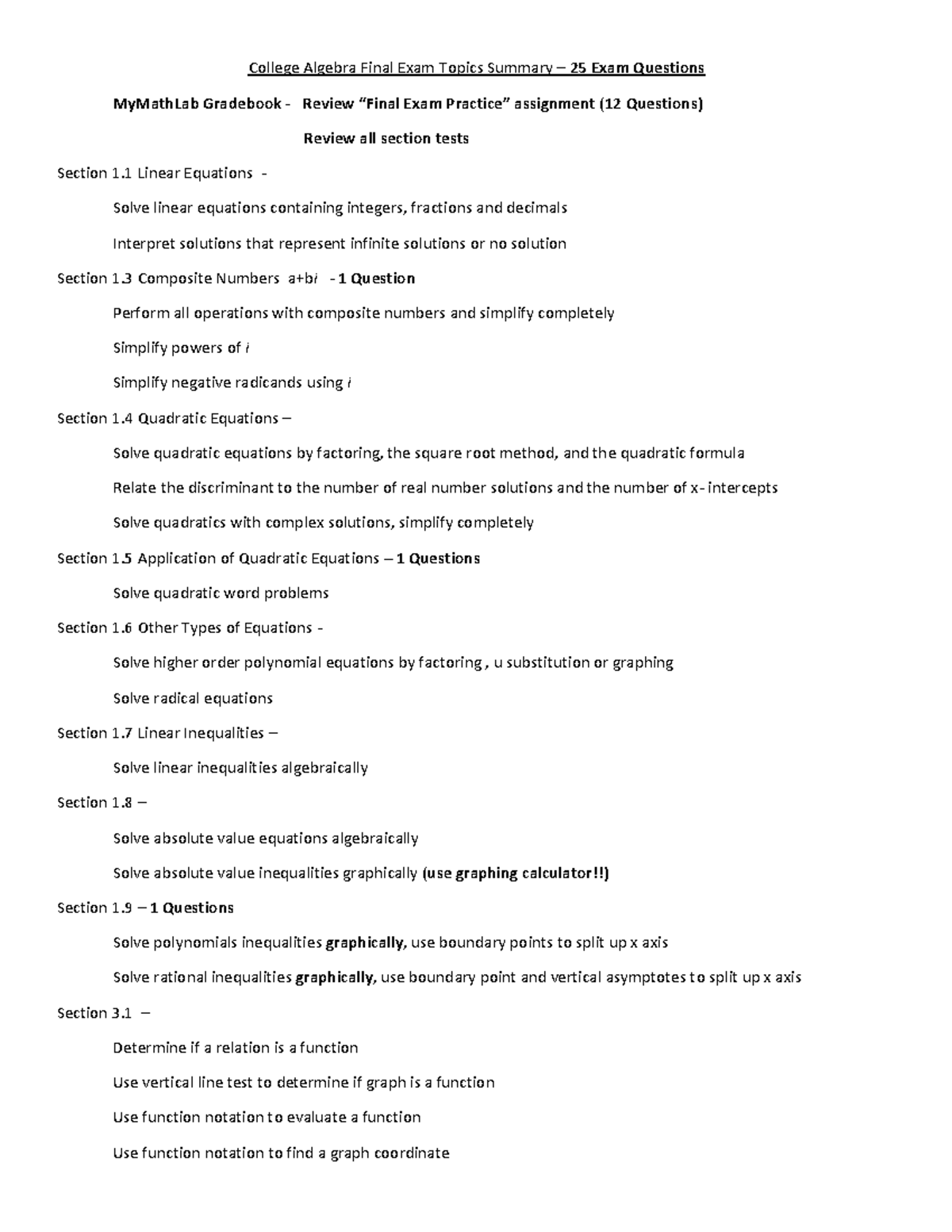 College Algebra Final Exam Summary - College Algebra Final Exam Topics ...