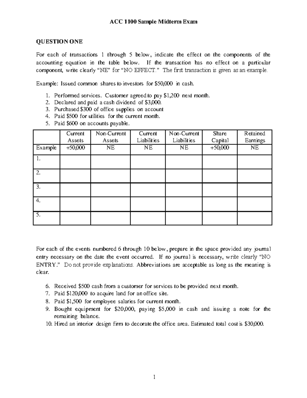 Sample midterm exam with solution - QUESTION ONE For each of ...